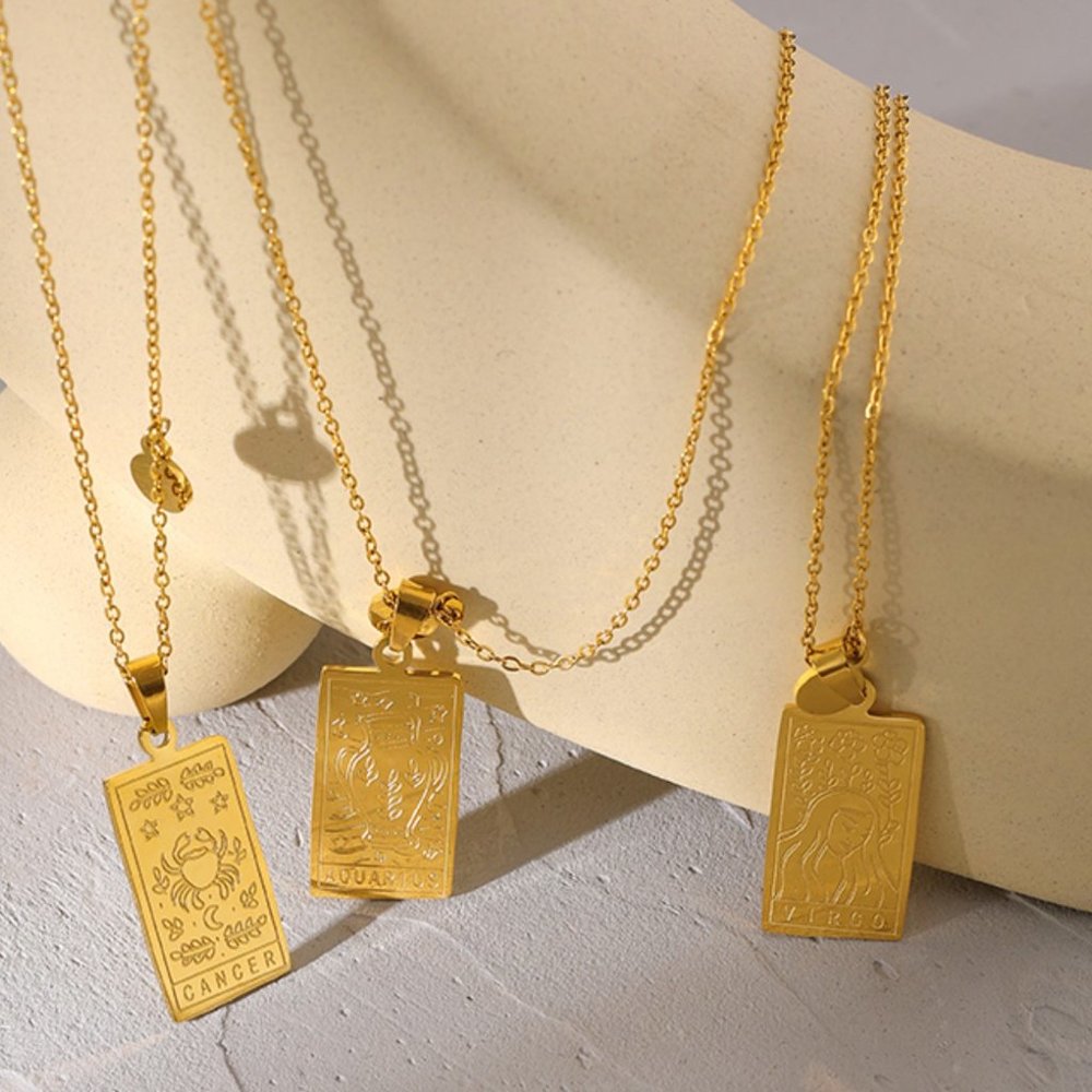 SALE!! 18K Gold Plated Zodiac Capricorn Sign Tarot Card Square Pendant Necklace - Picture 3 of 6
